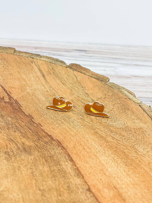 Western Enamel Stud Earrings - Brown Hat
