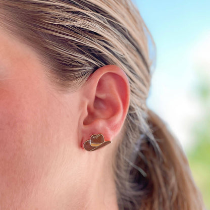 Western Enamel Stud Earrings - Brown Hat