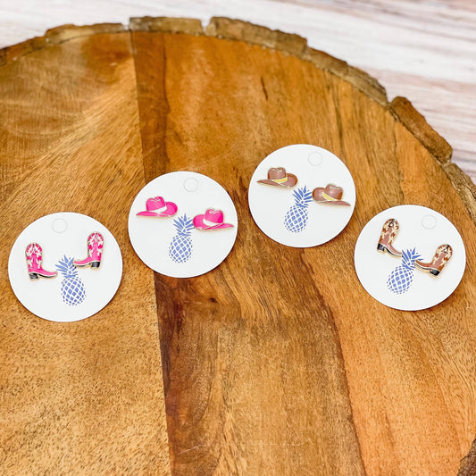 Western Enamel Stud Earrings - Brown Hat